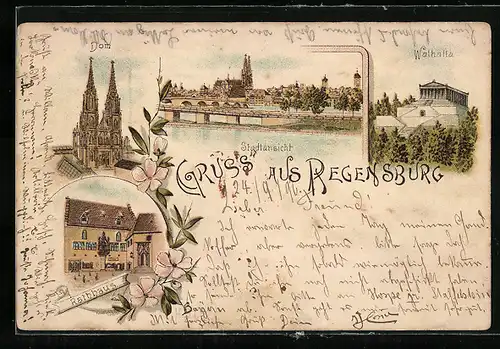 Lithographie Regensburg, Walhalla, Dom, Rathaus