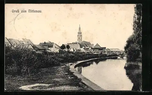 AK Nittenau, Uferpartie mit Kirche