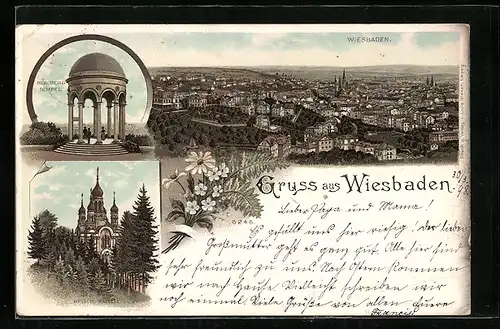 Lithographie Wiesbaden, Teilansicht, Neroberg-Tempel, Griechische Kapelle