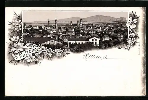 Lithographie Zittau, Teilansicht mit Bergen