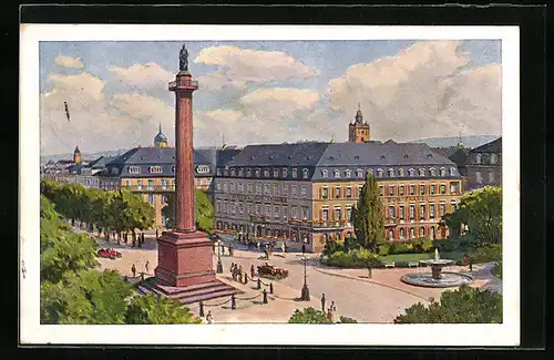 Künstler-AK Darmstadt, Hotel Zur Traube und Denkmal