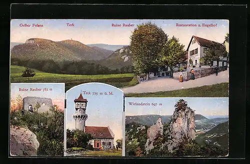 AK Weilheim / Teck, Blick auf Gasthaus z.Engelhof, Wielandstein, Ruine Rauber und Teck