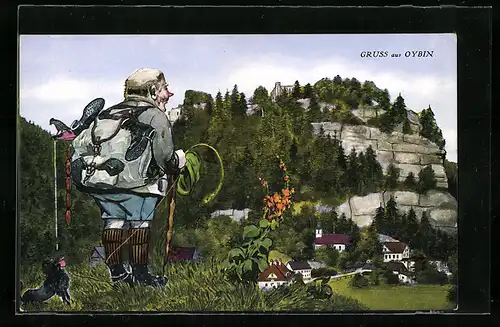 AK Oybin, Wandervogel mit Hund blick auf das Dorf