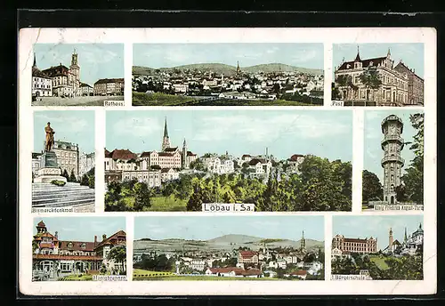 AK Löbau i. Sa., König Friedrich August-Turm, Rathaus, 1. Bürgerschule