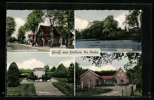 AK Dollern bei Stade, Gemischtwaren v. A. Prott, Ehrenmal, Schule