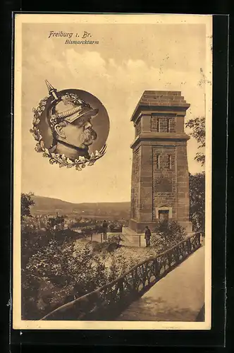 AK Freiburg i. Br., Am Bismarckturm, Bismarck mit Pickelhaube