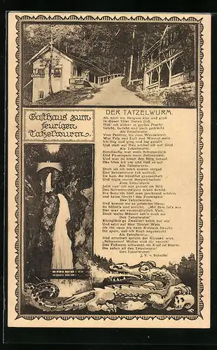 AK Tatzelwurm, Gasthaus zum feurigen Tatzelwurm, Wasserfall, Gedicht