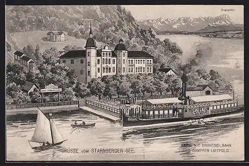 Künstler-AK Leoni am Starnberger See, Dampfer Luitpold, Hotel, Drahtseilbahn