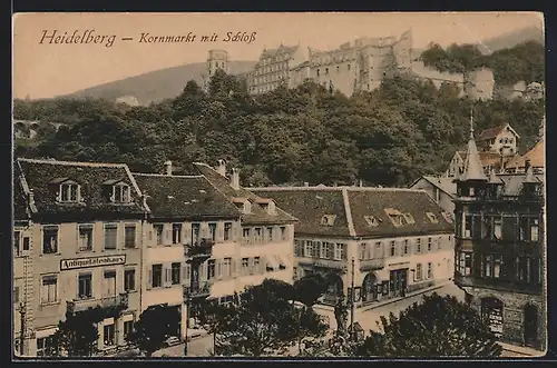 AK Heidelberg, Kornmarkt mit Antiquitätenhaus u. Schloss