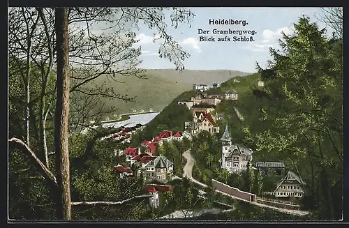 AK Heidelberg, Der Grambergweg, Blick auf das Schloss