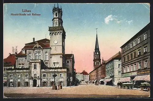 AK Löbau, Nicolai-Strasse mit Rathaus