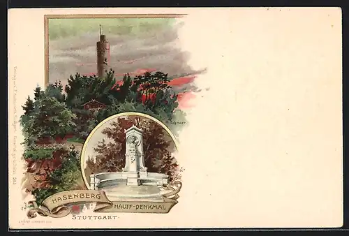 Lithographie Hasenberg, Ansicht des Hauff-Denkmals