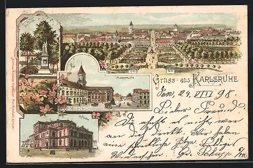 Lithographie Karlsruhe, Marktplatz, Hoftheater, Krieger-Denkmal