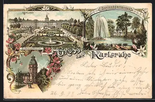 Lithographie Karlsruhe, Schloss, Schlossgartensee, Schlossturm