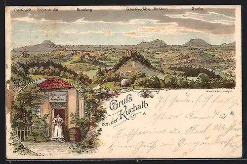 Lithographie Donzdorf, Gesamtansicht mit Bergen, Mädchen vor dem Haus