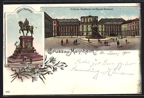 Lithographie Mannheim, Schloss Stadtseite mit Kaiser-Denkmal, Kaiser-Denkmal