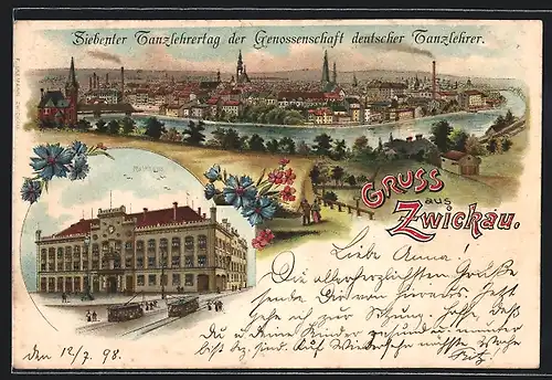 Lithographie Zwickau, Rathaus mit Strassenbahn, Gesamtansicht