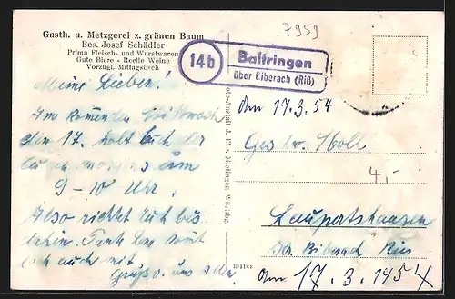 AK Baltringen, Handlung v. B. Epp, Gasthaus & Metzgerei z. grünen Baum