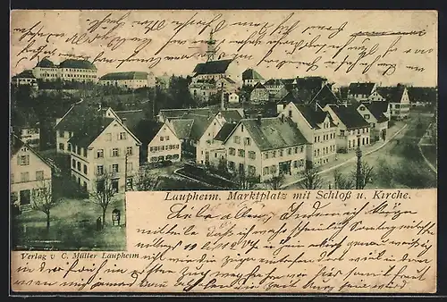 AK Laupheim, Marktplatz mit Schloss und Kirche