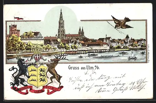 Lithographie Ulm a. D., Panorama mit Wappen