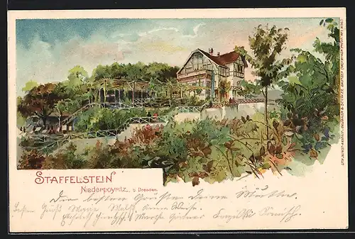 Lithographie Dresden-Niederpoyritz, Gasthaus Staffelstein