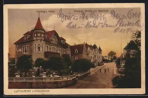 AK Langebrück, Hennig`s Hotel in der Dresdner Strasse am Bahnhof