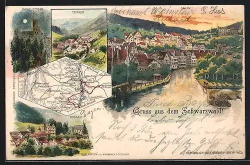 Lithographie Calw, Panorama mit Flusspartie, Zavelstein bei Vollmond & Landkarte