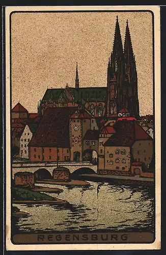 Steindruck-AK Regensburg, Blick auf den Dom
