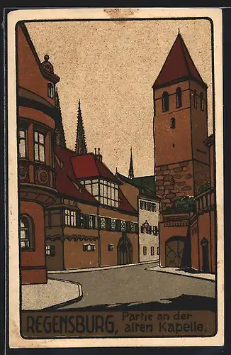 Steindruck-AK Regensburg, Partie an der alten Kapelle