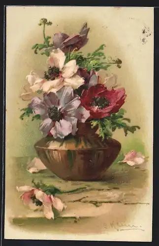 Künstler-AK Catharina Klein: schöne Blumen in einer brauen Keramikvase