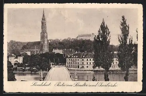 AK Landshut, Partie am Ländtor und Isarbrücke