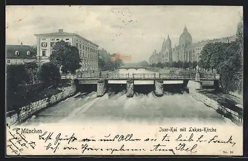 AK München, Isar-Kai mit Lukas-Kirche