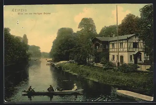 AK Leipzig, Blick von der Heiligen Brücke mit Booten