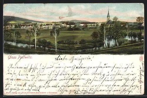 AK Grosspostwitz, Ortspartie mit Fluss und Kirche