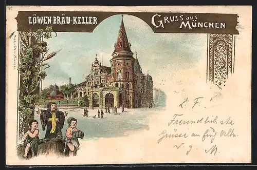 Lithographie München, Gebäude des Gasthaus Löwenbräu-Keller, Münchener Kindl mit zwei Knaben