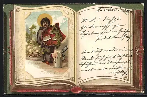 Künstler-AK München, Münchner Kindl mit Schild und überlaufendem Bierkrug