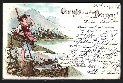 Lithographie Bergsteigerdame ruft über den See