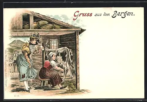 Lithographie Zwei Damen melken Kuh auf einer Alm