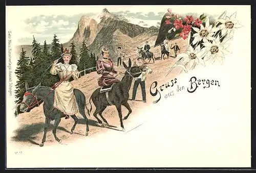 Lithographie Ausflug auf Maultieren in die Berge