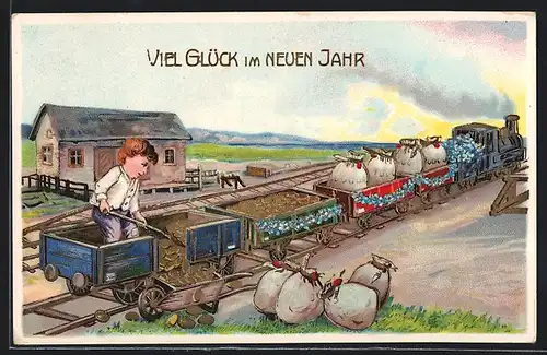 AK Junge schaufelt die Geldmünzen aus dem Zug, Herzlichen Glückwunsch zum neuen Jahr!