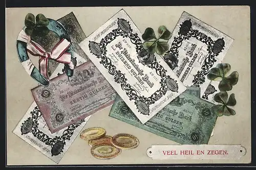 AK Niederländische Banknoten und Münzen, Kleeblatt mit Hufeisen