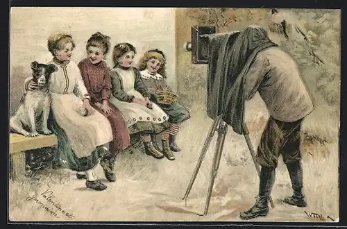 Künstler-AK Schwestern mit Hund posieren vor Fotoapparat