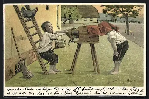 Lithographie Kinder spielen Fotograf mit selbstgebautem Fotoapparat