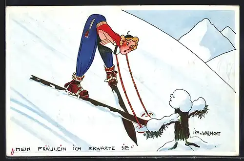 Künstler-AK Skisportlerin bremst kurz vor einem Baumstumpf