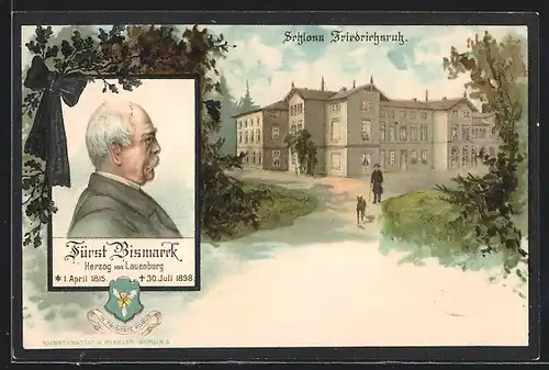 Lithographie Friedrichsruh, Konterfei Fürst Bismarck, Schloss