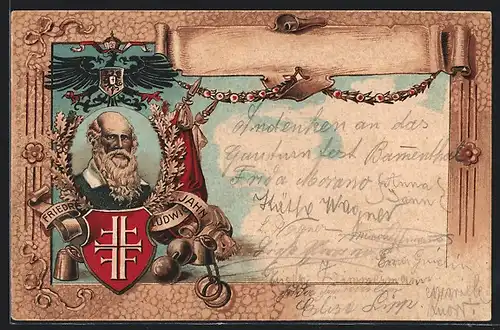 Lithographie Porträt von Turnvater Jahn, Deutscher Reichsadler