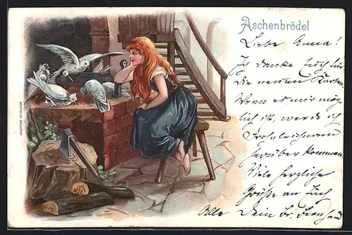 Lithographie Aschenputtel, Tauben helfen Aschenputtel