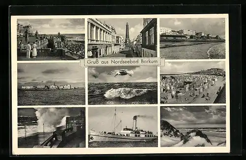 AK Borkum, Brücke, Panorama, Dampfer, Strandleben