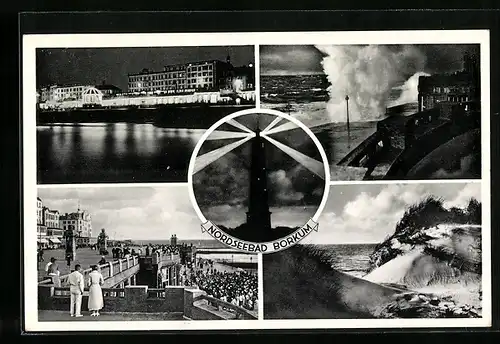 AK Borkum, Leuchtturm, Dünen und Strandpromenade bei Nacht