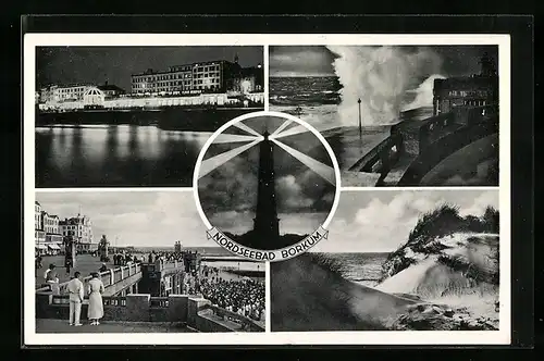 AK Borkum, Leuchtturm, Dünen und Strandpromenade bei Nacht